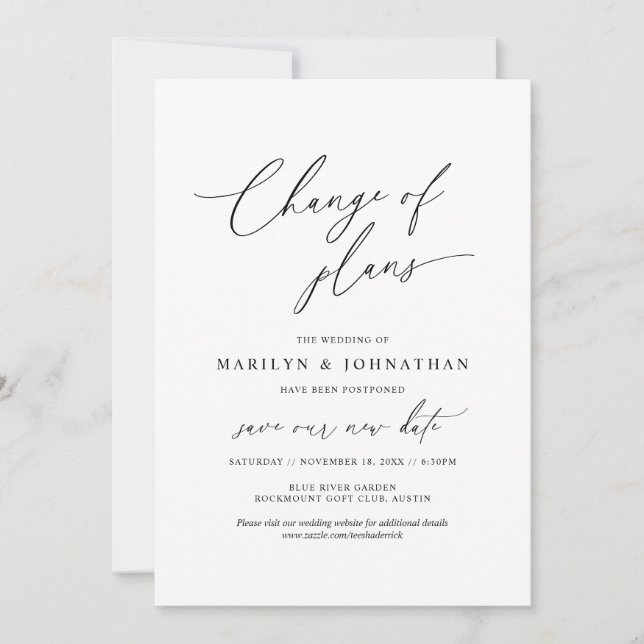 Invitation Changement minimal simple de plans, mariage report (Devant)