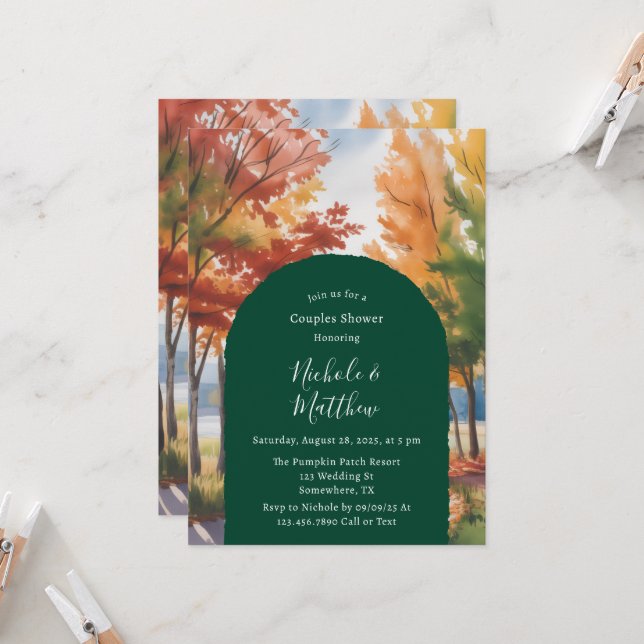 Invitation Changement rustique de la douche Feuille Couples (Devant/Arrière en situation)