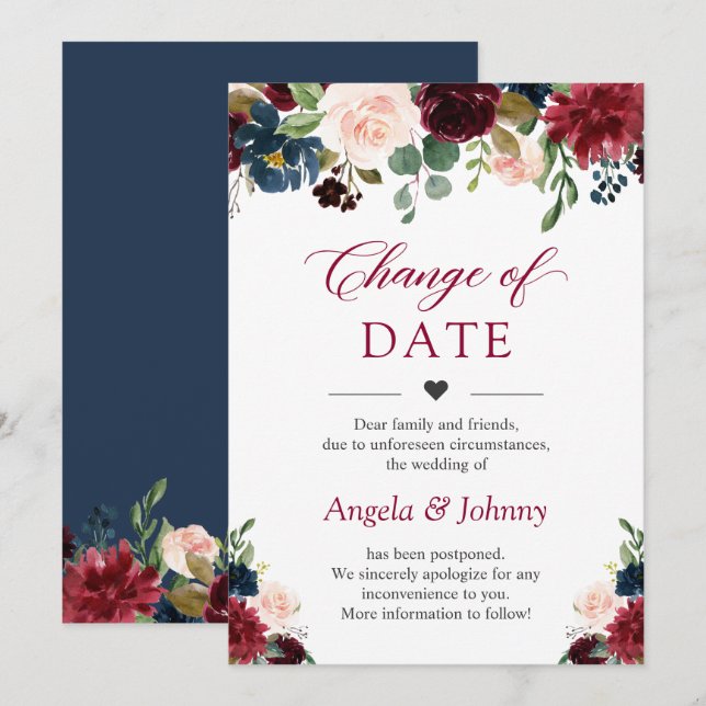 Invitation Changer la date Chic Bourgogne Fleurs Bleu Marine (Devant / Derrière)