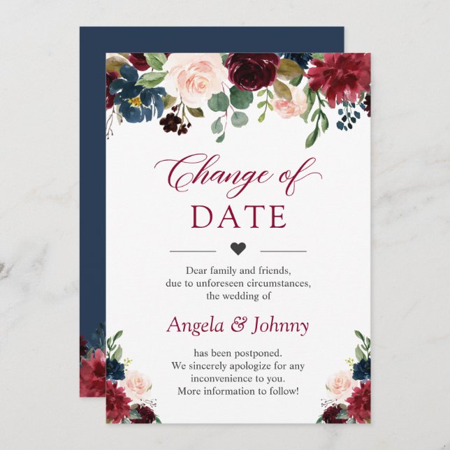 Invitation Changer la date Chic Bourgogne Fleurs Bleues Nuit (Devant / Derrière)