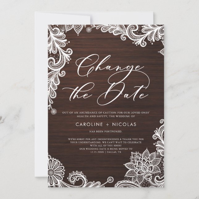 Invitation Changer la date de mariage Broderie Rustique Bois  (Devant)