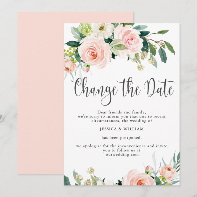 Invitation Changer la date Roses teintées de mariage reporté (Devant / Derrière)