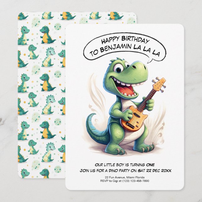 Invitation Chant Dinosaure Cute | Anniversaire de enfant de m (Devant / Derrière)