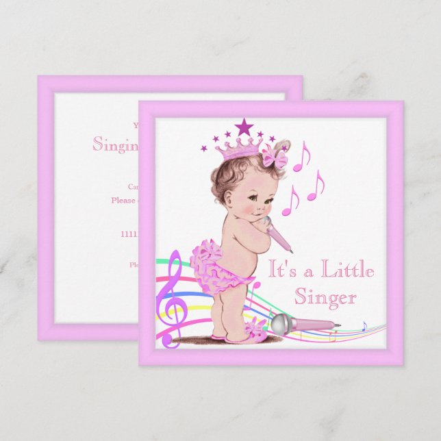 Invitation Chanter Baby shower mignonne fille rose musique (Devant / Derrière)