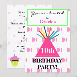 Invitation Chapeau d'anniversaire fille Rose Gâteau d'anniver