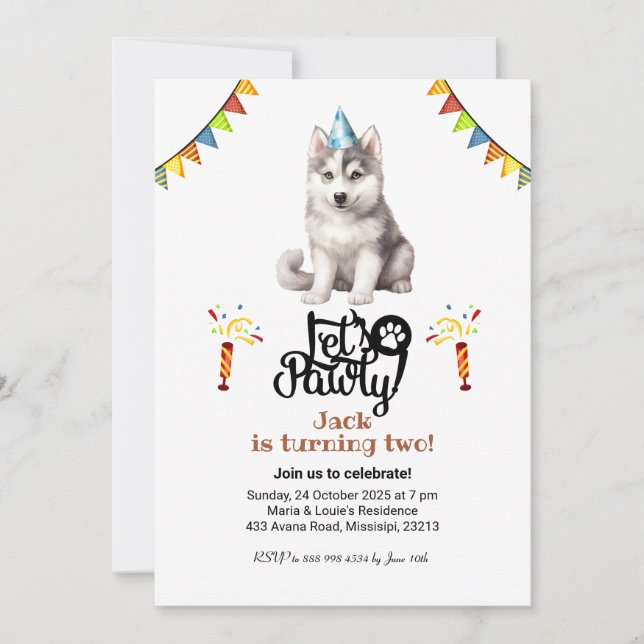 Invitation Chapeau de chien Husky sibérien Faisons la fête d' (Devant)