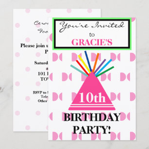 Invitation Chapeau de fête d'anniversaire fille rose pois TOU