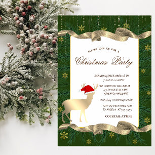 Invitation Chapeau de Père Noël Cerf Doré, Branches Vertes Fê