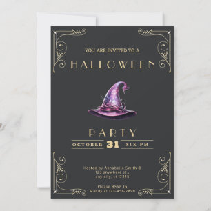 Invitation Chapeau de sorcière noir et or Halloween