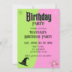Invitation Chapeau de sorcière rose/vert & Couronne de prince