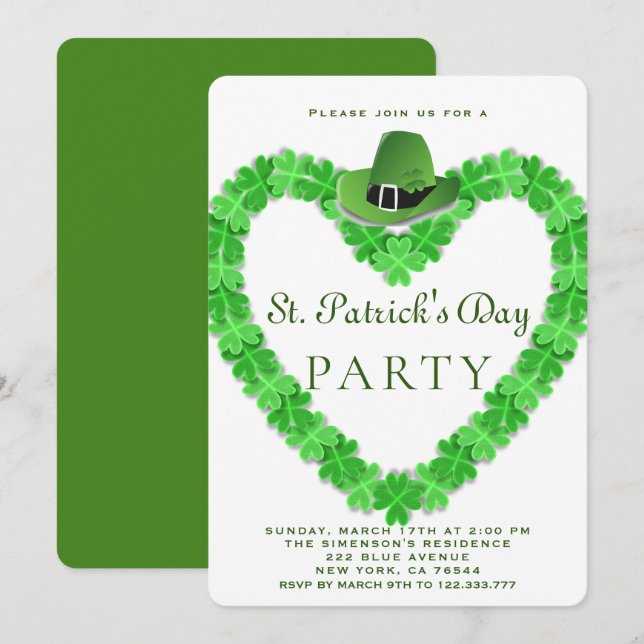 Invitation Chapeau élégant Trèfle Vert Fête St.Patrick   (Devant / Derrière)