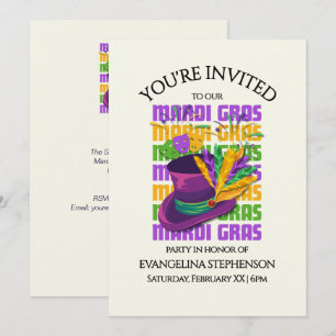 Invitation Chapeau Haut-de-Forme Plumes Fête de MARDI GRAS
