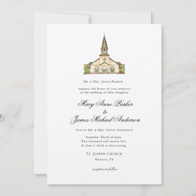 Invitation Chapelle aquarelle Mariage chrétien (Devant)