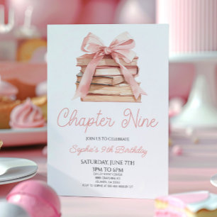 Invitation Chapitre Neuf Livres à Ruban Rose Fête d'anniversa