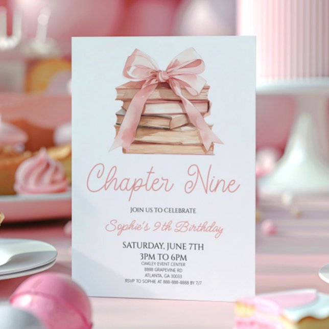 Invitation Chapter Nine Pink Bow Books 9th Birthday Party (Créateur téléchargé)