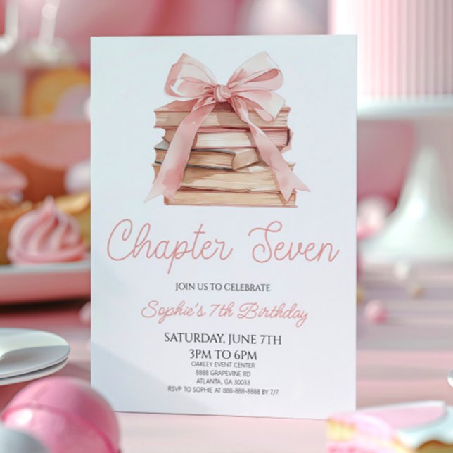 Invitation Chapter Seven Pink Bow Books 7th Birthday Party (Créateur téléchargé)