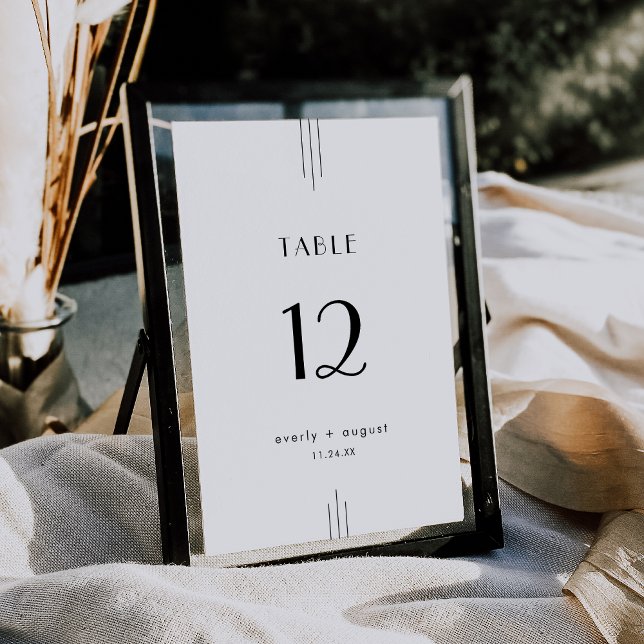 Invitation CHAQUE Art Déco Blanc Noir Mariage Numéros de tabl (EVERLY Art Deco White Black Wedding Table Numbers)