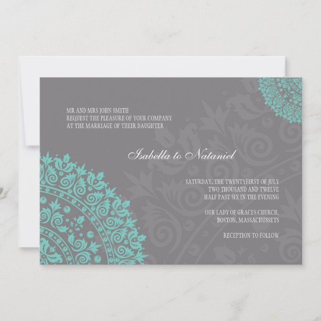 Invitation Charcoal Grey et Aqua Mariage damassé (Devant)