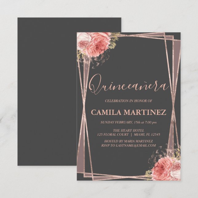 Invitation Charcoal Grey et Rose Gold Quinceanera Party (Devant / Derrière)