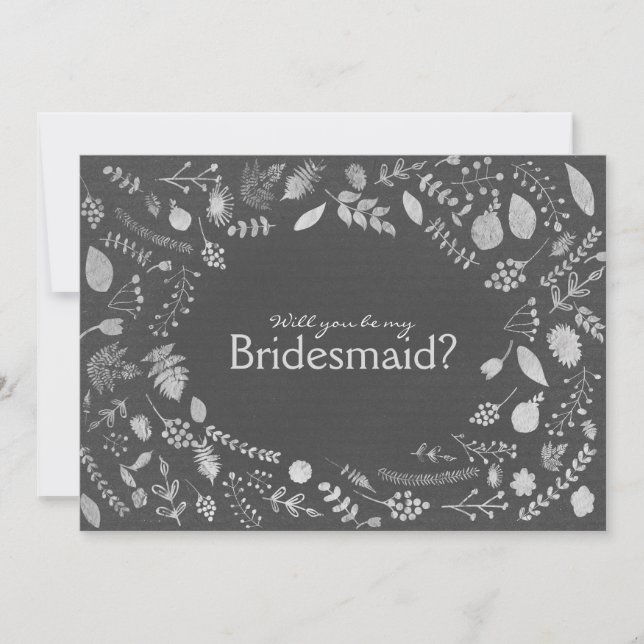 Invitation Charcoal Grey Silver Floral Be My Bridesmaid etc. (Devant)