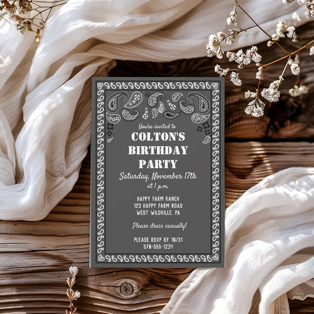 Invitation Charcoal Grey Western Bandana Imprimer Anniversair (Créateur téléchargé)