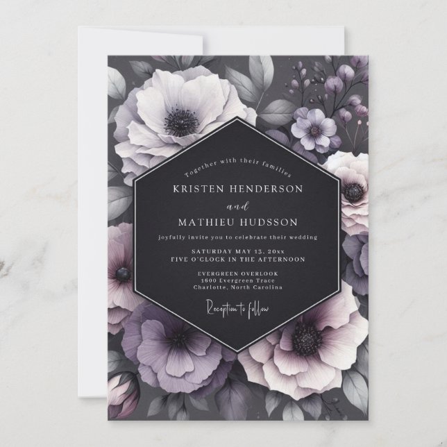 Invitation Charcoal Melancholy Anemone Wedding (Devant)
