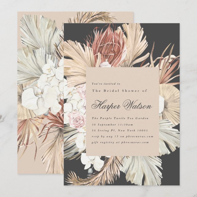 Invitation Charcoal Pampas Tropical Romantique Fête des marié (Devant / Derrière)