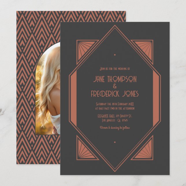 Invitation Charcoal Slate & Copper Art Deco Wedding Photo (Devant / Derrière)