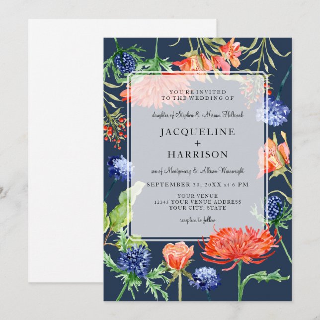 Invitation Chardon floral moderne de maman de marine d'été (Devant / Derrière)