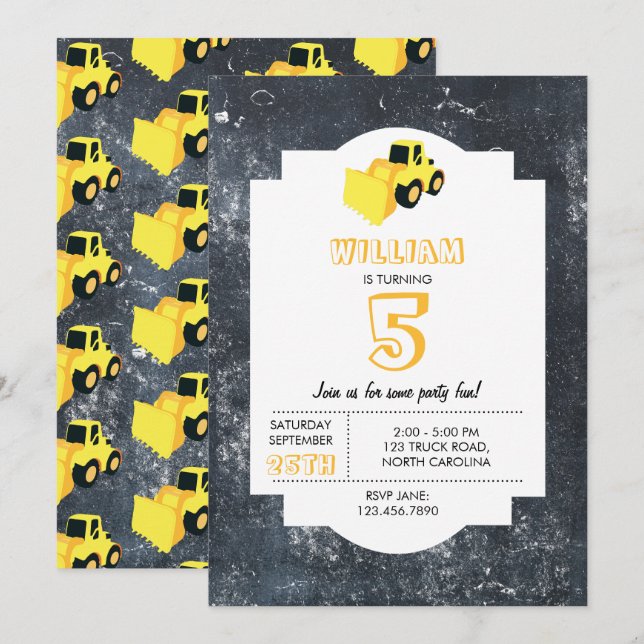 Invitation Chargeur frontal Construction Camion Anniversaire (Devant / Derrière)