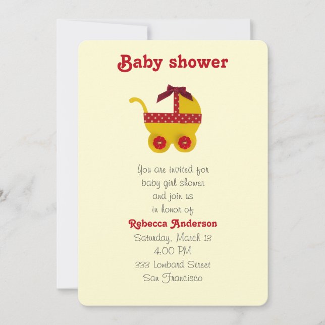 Invitation Chariot bébé jaune et rouge pour bébé (Devant)