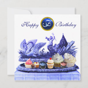 INVITATION CHARIOT BLEU DE SWANS ET CUPCAKES ANNIVERSAIRE