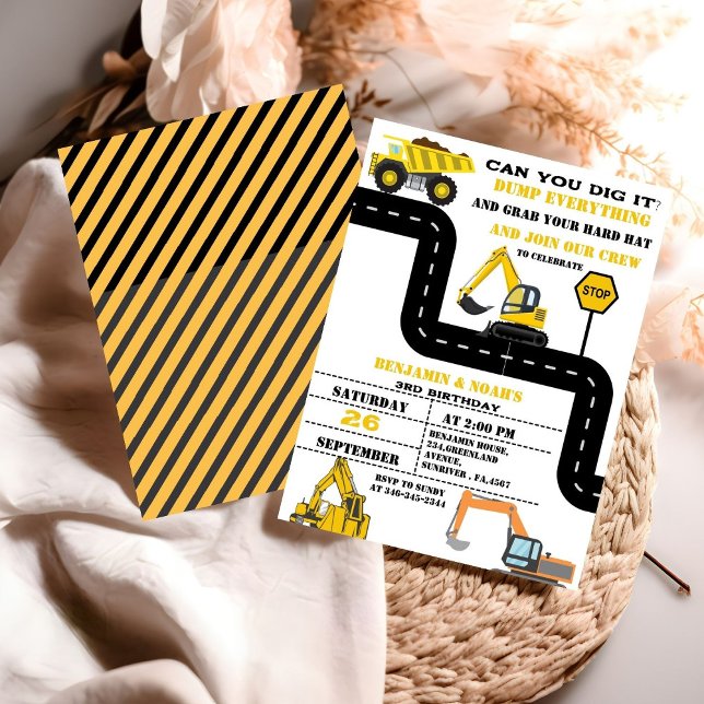 Invitation Chariot Camion Twin Boy Construction Anniversaire (Créateur téléchargé)