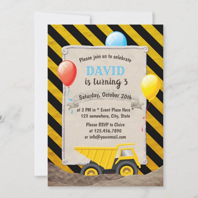 Invitation Chariot de construction Boy Fête d'anniversaire (Devant)
