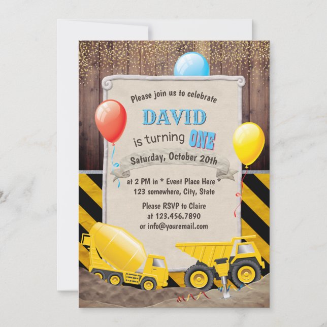 Invitation Chariot de construction garçons premier anniversai (Devant)