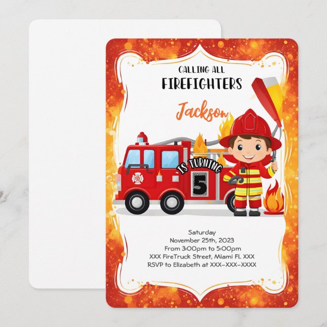 Invitation Chariot de pompiers modifiable Anniversaire (Devant / Derrière)