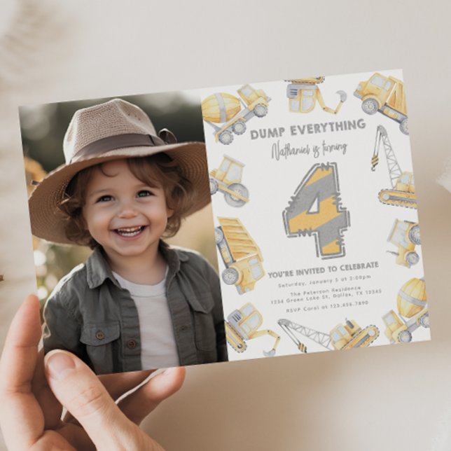 Invitation Chariot de vidange de construction 4e fête d'anniv (Créateur téléchargé)