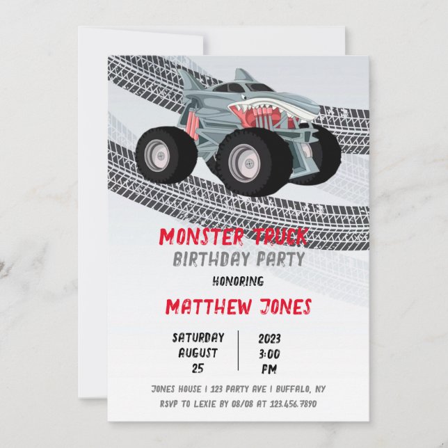 Invitation Chariot Monster Truck Traces Pneus Anniversaire (Devant)
