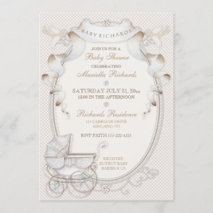 Invitation Chariot Vintage Crème Ivoire Gingham Oiseaux
