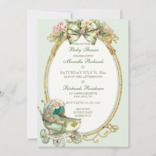 Invitation Chariot Vintage Ivoire Menthe Or Roses Gingham