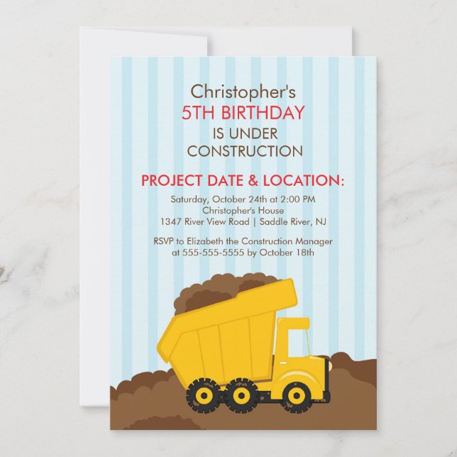 Invitation Chariots de construction Fête d'anniversaire pour  (Devant)