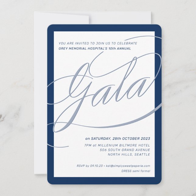 Invitation CHARITY GALA élégante calligraphie formelle bleu m (Devant)