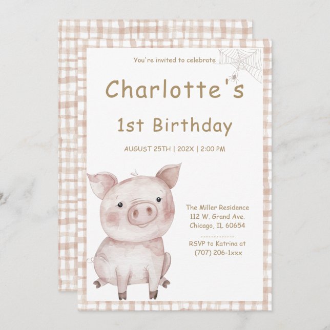 Invitation Charlotte's Web Birthday Party (Devant / Derrière)