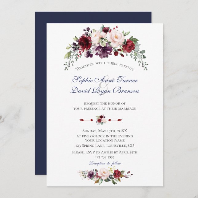 Invitation Charm Aquarelle Bourgogne Blush Flowers Mariage (Devant / Derrière)
