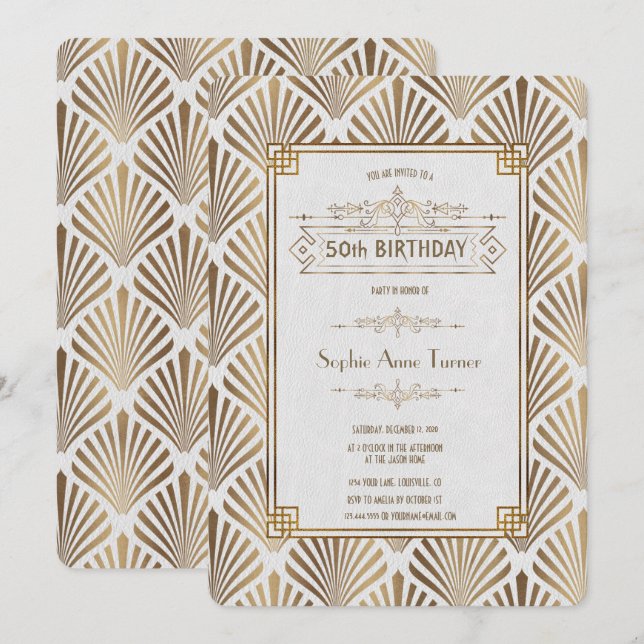 Invitation Charm Art Déco White Gatsby 50e fête d'anniversair (Devant / Derrière)