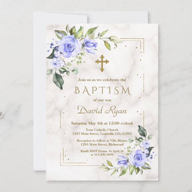 Invitation Charm Bleu Fleurs Or Parties scintillant Marbre Ga (Devant)