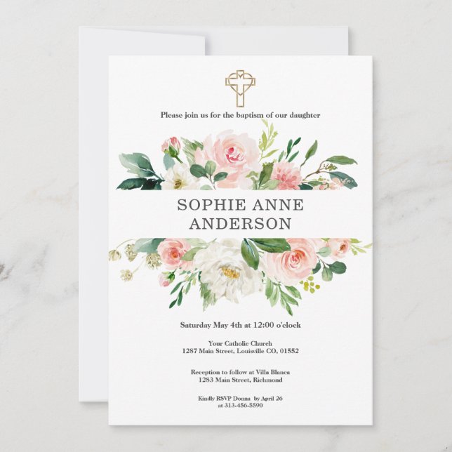 Invitation Charm Blush Fleurs blanches Croix d'or Fille Baptê (Devant)
