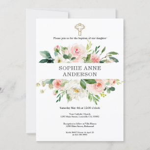 Invitation Charm Blush Fleurs blanches Croix d'or Fille Baptê