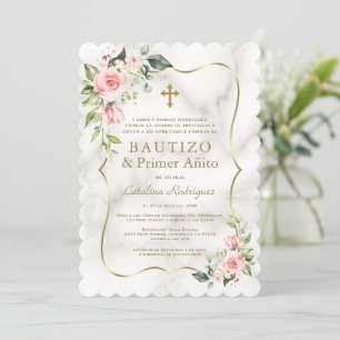 Invitation Charm Blush Flowers Spanish 1st Birthday Baptism 