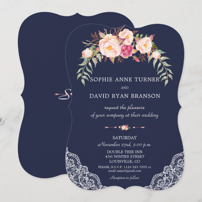 Invitation Charm Blush rose Fleurs dentelle Mariage Marine (Devant / Derrière)